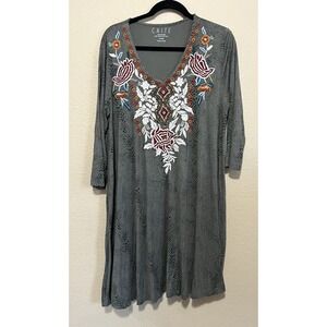Caite Snakeskin Dress Embroidered Vneck Large Floral 3/4 Sleeve Midi BOHO